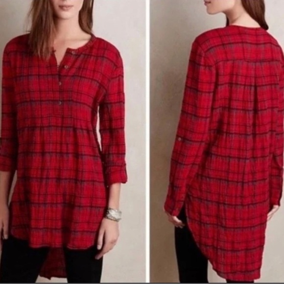Anthropologie Holding Horses Half Penny Plaid Henley Top Size X-Small Red - Picture 1 of 10